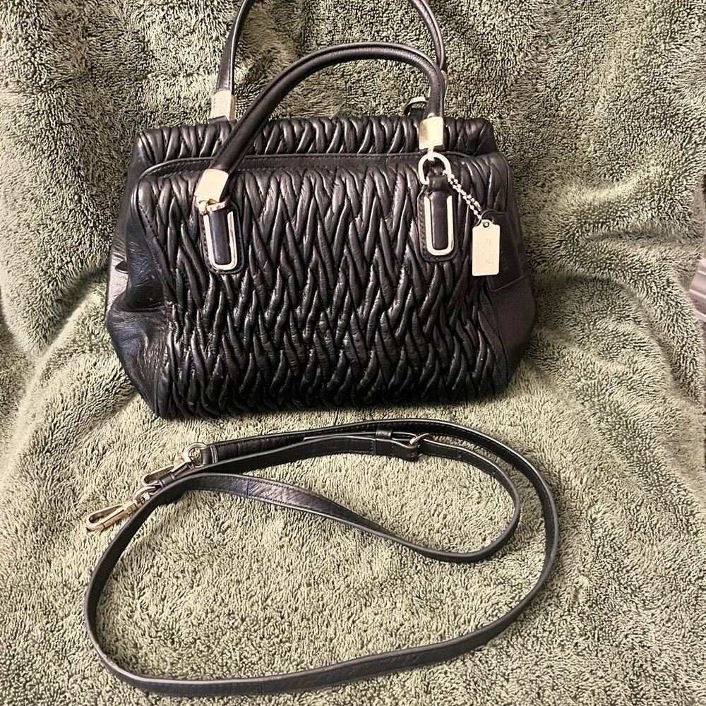 Chic Coach Madiso Gathered Twist Leather Black Satchel Bag